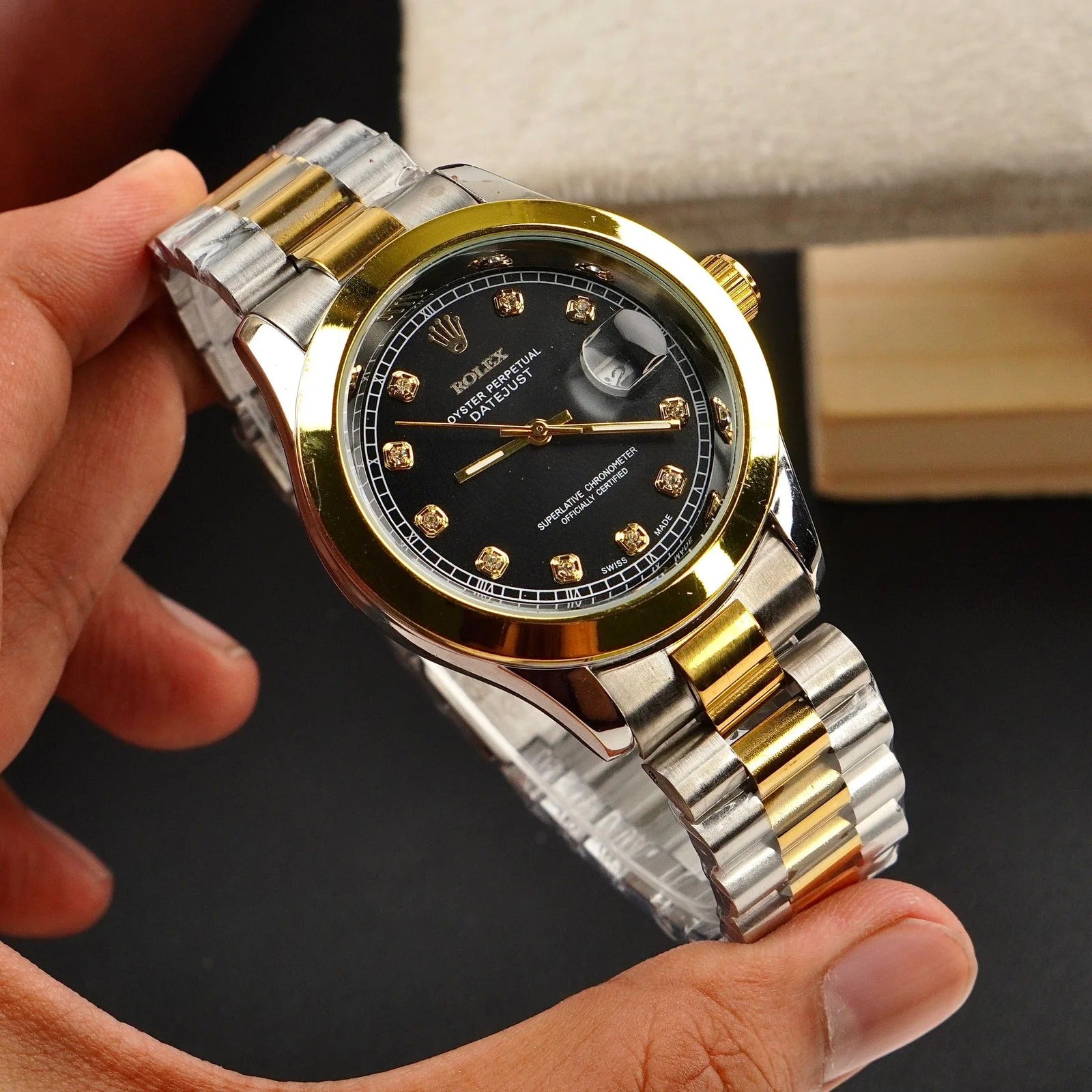 Rolex Dual Tone Bracelet With Black Dial