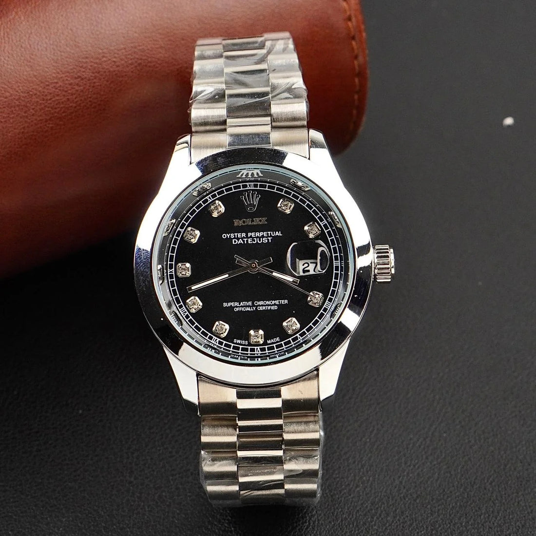 Rolex Silver Bracelet With Black Dial