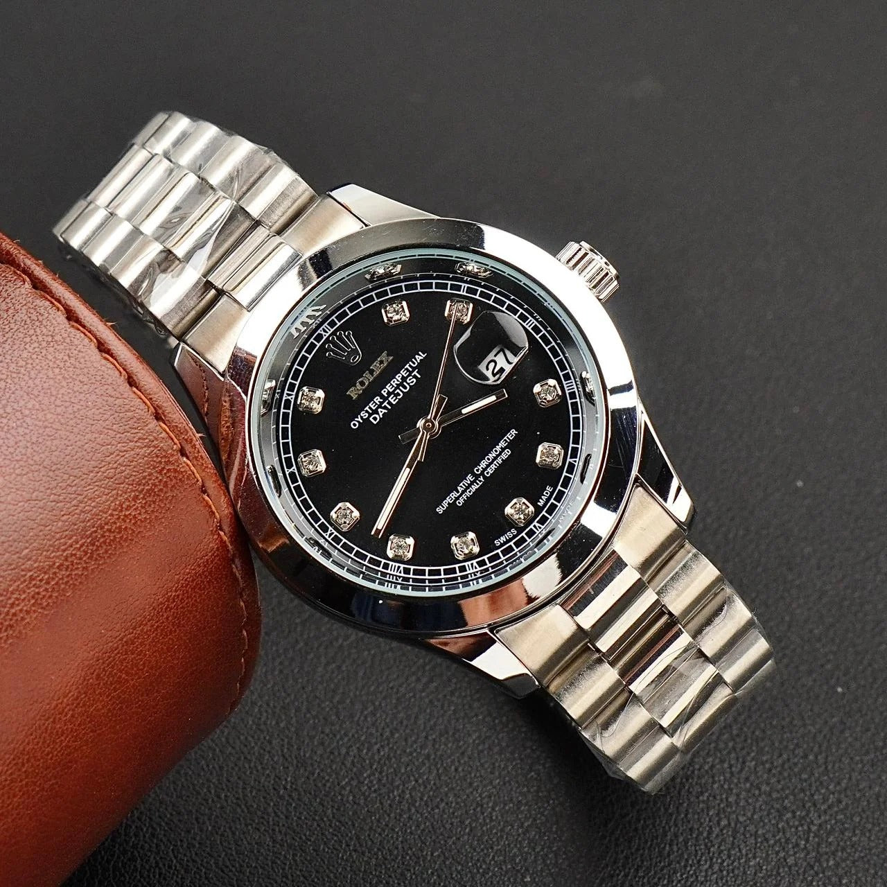 Rolex Silver Bracelet With Black Dial