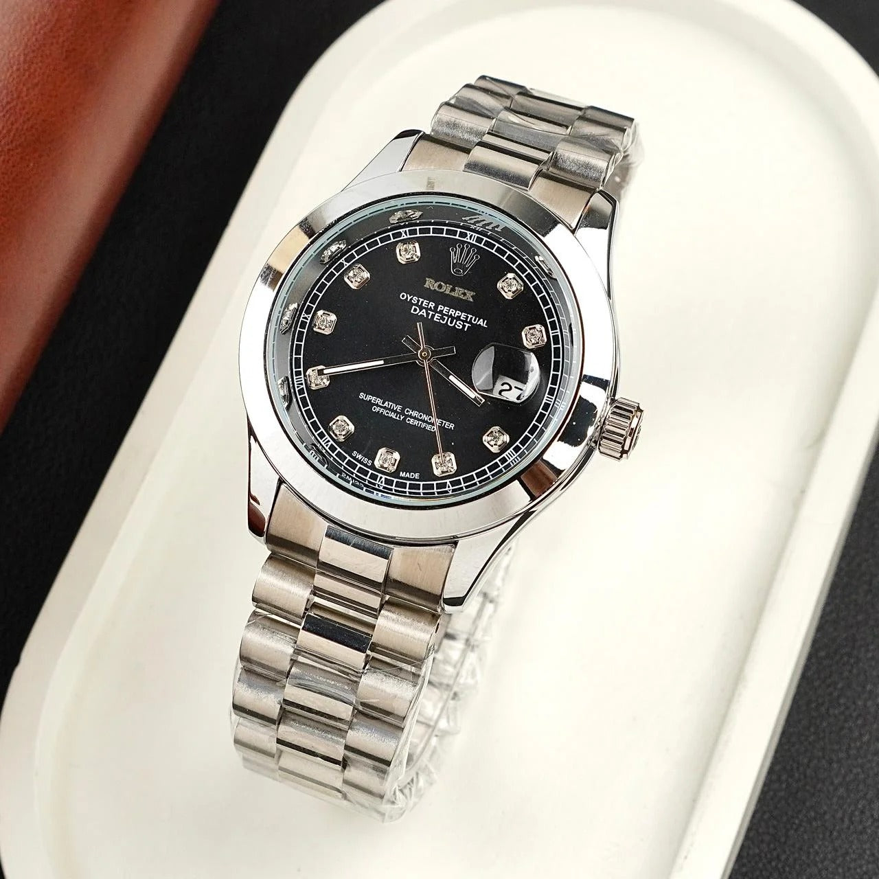 Rolex Silver Bracelet With Black Dial