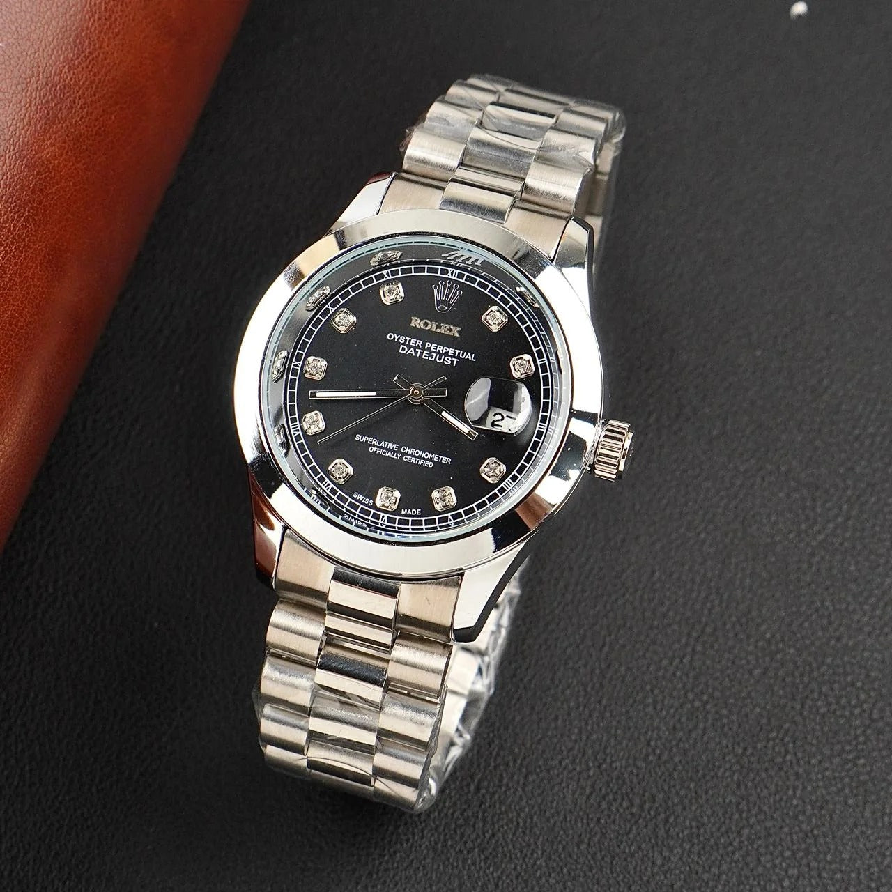 Rolex Silver Bracelet With Black Dial